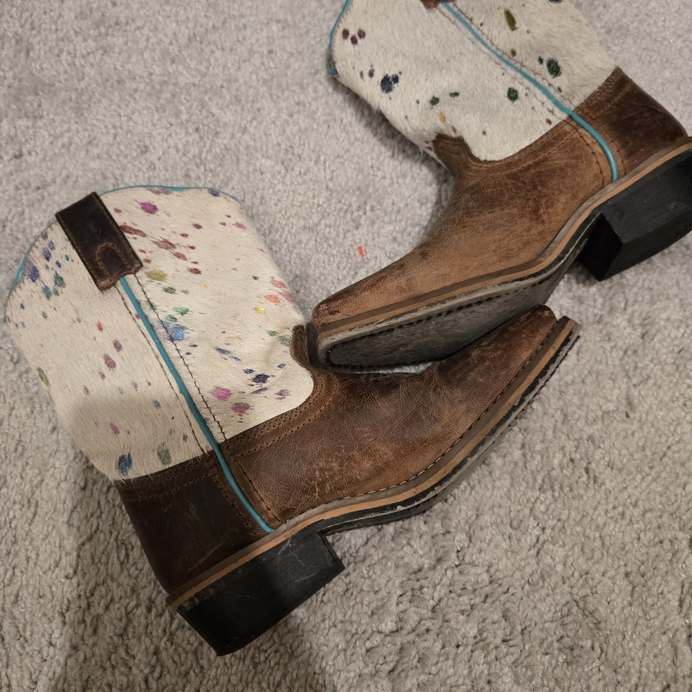 Dan Post Kids Boots Brown and White With Rainbow Accents Size 2